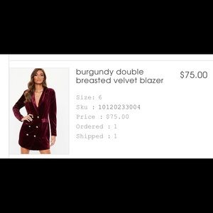 Missguided Burgundy breasted Velvet blazer